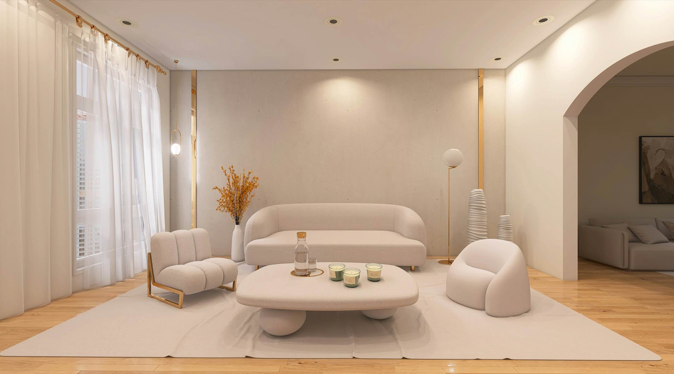 A calm white living room with soft furnishings and diffused daylight